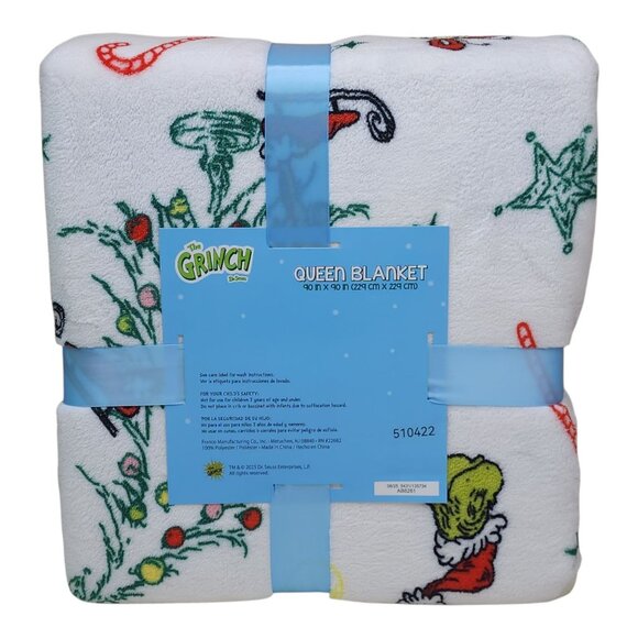 Dr. Seuss The Grinch Queen Plush Blanket 90" X 90" Christmas Soft & Warm Holiday - Picture 4 of 12